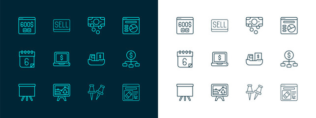 Set line Pie chart infographic, Monitor with, Cargo ship boxes delivery, Push pin, Laptop dollar, Stacks paper money cash, and Sell button icon. Vector