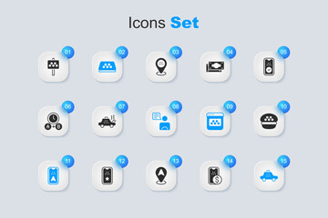 Set Mobile banking, Broken taxi car, Taxi roof, Infographic city map, driver cap, Road sign for stand and icon. Vector