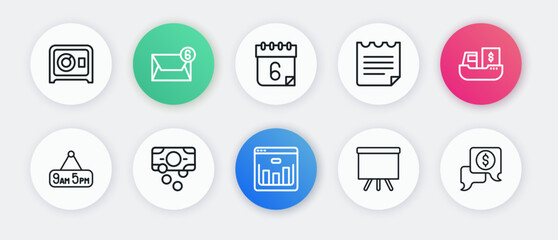 Set line Browser with stocks market, Cargo ship boxes delivery, From 9 5 job, Chalkboard, Notebook, Calendar, Business negotiations and Stacks paper money cash icon. Vector