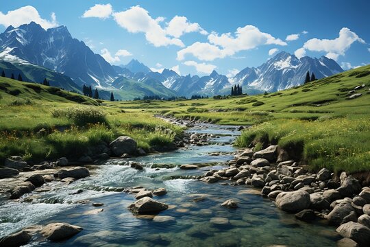 Alpine meadow with river and mountain range