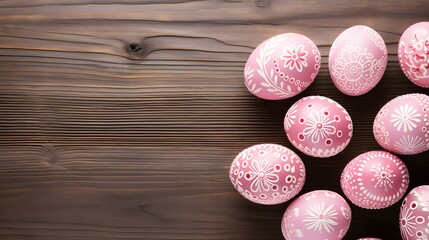 Obraz na płótnie Canvas Pink Easter Eggs on a wooden Background with Copy Space. Template for a Happy Easter Greeting Card