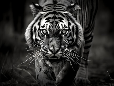 Black and white photo of tiger, black and white photo of animal, 