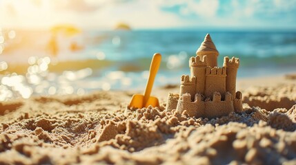 Sunny day and sandcastle with shovel on the beach. Created with Generative Ai technology. - obrazy, fototapety, plakaty