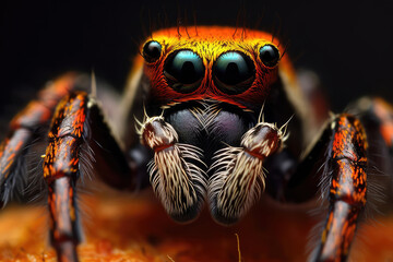 Extreme macro close up of the beautiful orange and red spider with orange legs