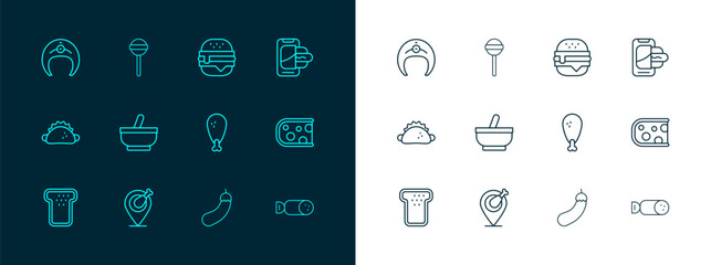 Set line Food ordering on mobile, Chicken leg, Eggplant, Mortar and pestle, Burger, Fish steak and Lollipop icon. Vector