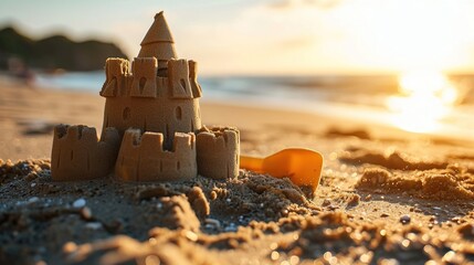 Sunny day and sandcastle with shovel on the beach. Created with Generative Ai technology.