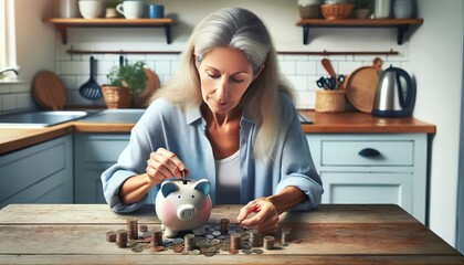 Senior Woman Counting Coins from Piggy Bank during Economic Recession
