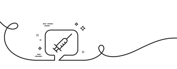 Vaccine message line icon. Continuous one line with curl. Vaccination syringe sign. Jab symbol. Vaccine message single outline ribbon. Loop curve pattern. Vector