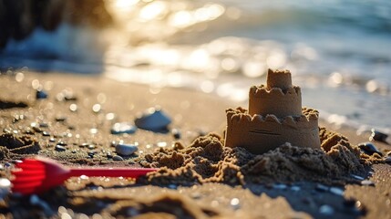 Sunny day and sandcastle with shovel on the beach. Created with Generative Ai technology. - obrazy, fototapety, plakaty