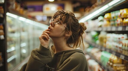 Woman Deep in Thought in Grocery Store Aisle During Economic Recession - obrazy, fototapety, plakaty