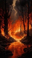 A painting of a fire burning in a forest