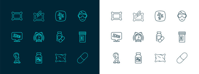 Set line Eye sleep mask, Sleeping pill, Pillow, Alarm clock, Sleepy, and icon. Vector
