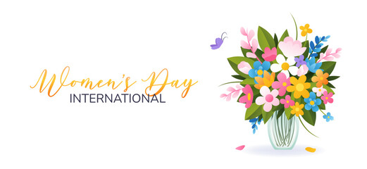 International Women's Day. 8 March. Banner with isolated vase and bouquet of various spring flowers on white background. Modern vector design for poster, campaign, social media post. 