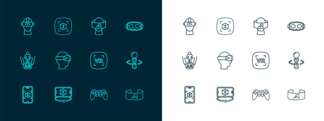 Set line Virtual reality glasses, 3d modeling, Gamepad, and icon. Vector