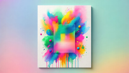Mock up top view colorful abstract acrylic painting with dynamic splashes and drips, displayed on a pastel background.Greeting card for Holi festival, birthday,celebrations. 
