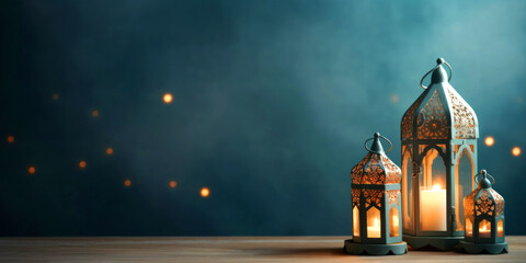 Background with traditional Muslim lanterns on dark blue - background on Muslim theme - free space for text