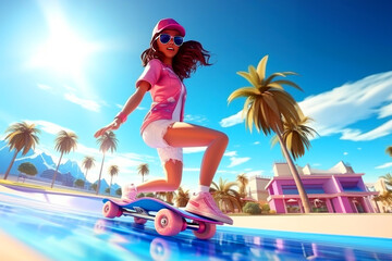 Cartoon character - girl on a skateboard in a game location and bright casual colors - obrazy, fototapety, plakaty