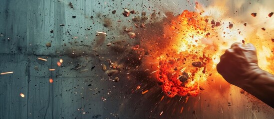 Explosion caused by fists hitting a dirty wall. - obrazy, fototapety, plakaty