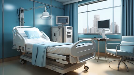 Blue and white hospital room