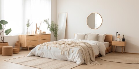 Home design ideas emphasizing minimalism and morning aesthetics. A bedroom with a cozy bed, soft blanket, carpet, mirror, and furniture on a wooden floor. The bedroom features white walls, a large