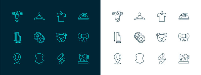 Set line Electric iron, Leather, Teddy bear plush toy, Closed steel safety pin, Sewing button for clothes, T-shirt hanger, Zipper and Hanger wardrobe icon. Vector