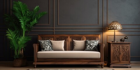Furniture made of wood, sofa and cabinet style, decorative lamp and carpet style.