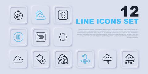 Set line Cloud and lightning, Wind, Rooster weather vane, Compass west, Sun, cloud and Acid rain radioactive icon. Vector