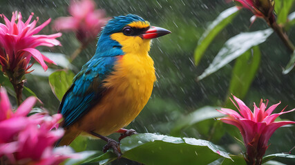 Create a Costa Rican the most bright bird in the flowers under the rain