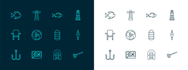 Set line Fisherman pants, finder echo sounder, Fishing net, Inflatable boat with motor, Outboard, and Lighthouse icon. Vector