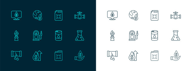 Set line Oil pipe with valve, price increase, Barrel oil, Canister for gasoline, Petrol station, drop dollar symbol and icon. Vector