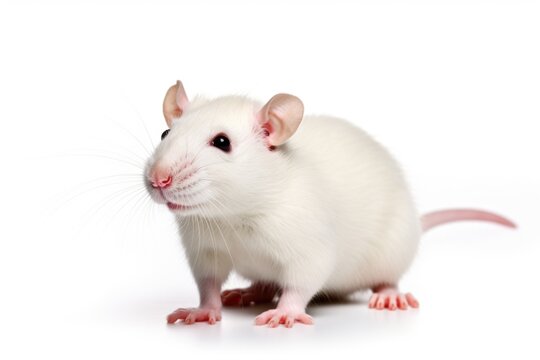 A white rat is standing on a white surface. Laboratory animal, testing model for research.