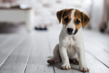Cute jack russell terrier puppy sitting on the wooden floor at home, the dog is bored