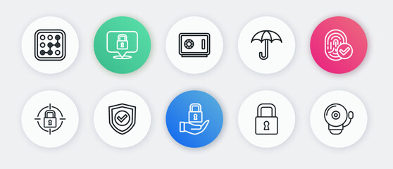 Set line Lock, Fingerprint, Umbrella, Safe, Ringing alarm bell and Shield with check mark icon. Vector