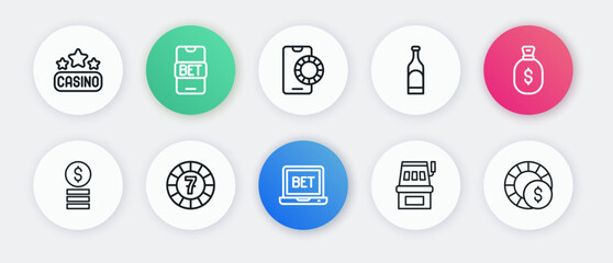 Set line Online sports betting, Money bag, Casino chip with dollar, Slot machine, Bottle of wine, chips and icon. Vector