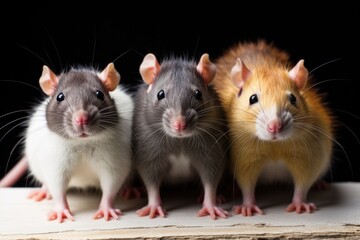 A group of three rats sitting next to each other. Laboratory animal, testing model for research.