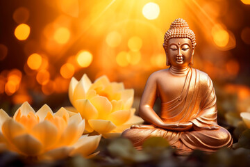 Buddha statue with lotuses and candles against golden bokeh background