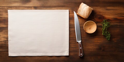Top view of wooden table with wood cutting board, knife, and linen napkin, with space for notes.