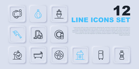 Set line Refrigerator, Bottle for detergent, Vacuum cleaner, House, Brush cleaning, Bathtub, Garbage bag and Water drop icon. Vector
