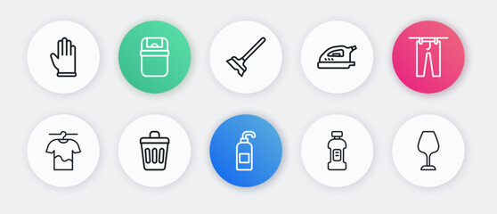 Set line Antibacterial soap, Drying clothes, Bottle for detergent, Electric iron, Mop, Wine glass and Trash can icon. Vector