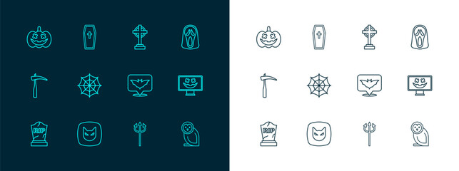 Set line Funny and scary ghost mask, Black cat, Flying bat, Trident devil, Spider web, Tombstone with cross, Pumpkin and Coffin christian icon. Vector