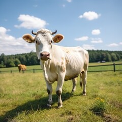 Fototapeta na wymiar Holstein cow standing in a lush green pasture on a sunny day