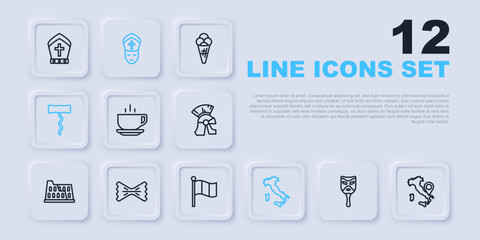 Set line Carnival mask, Map of Italy, Coffee cup, Wine corkscrew, Macaroni, Pope and Flag icon. Vector