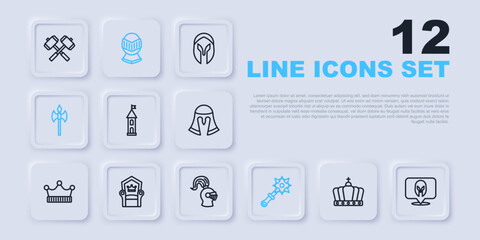 Set line King crown, Medieval helmet, Castle tower, Mace with spikes, axe, throne, and icon. Vector