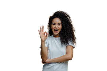 Joyful woman giving okay sign, in white tee, white transparent  backdrop