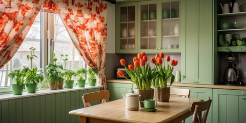 Tulip-decorated cozy kitchen with green curtains