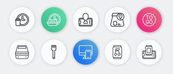 Set line Online ordering food, Coffee cup to go, Lunch box, Soda can, Food on mobile, and Fork icon. Vector