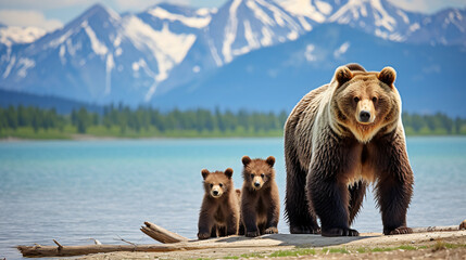  grizzly bear guarding her four cubs by standing