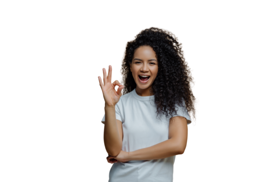 Joyful woman giving okay sign, in white tee, white transparent  backdrop