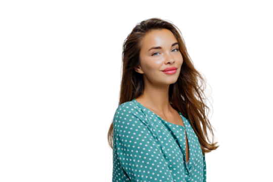 Woman in teal polka dot dress, radiant smile, white transparent  background
