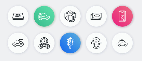 Set line Traffic light, Taxi driver license, car insurance, Location taxi, Stacks paper money cash, call telephone service, and waiting time icon. Vector